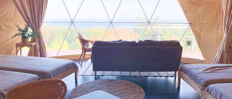 A room with two beds, a sofa, and a view of the outdoors.