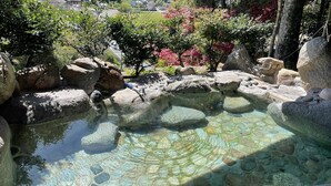 A clear outdoor pool surrounded by rocks and trees. - Kumanokawa Onsen Minshuku Mimi (Saga)