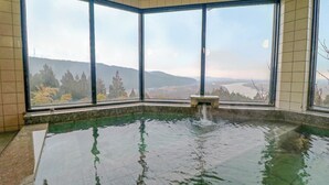 Une piscine d’angle offrant une vue sur un lac et des montagnes.