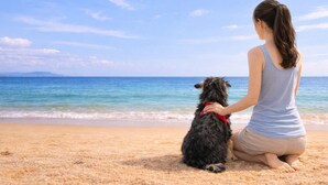A woman sitting on a beach with a dog, overlooking the ocean. - L'art de Vie (Matsuyama)