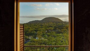 Blick durch ein Fenster auf eine gebirgige Landschaft mit dichtem Grün und verstreuten Häusern.