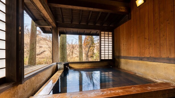 Ein traditionelles japanisches Onsen mit Holzvertäfelung, Blick auf Herbstbäume und einer Holztür.