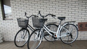 Two bicycles parked against a white brick wall with a tiled floor. - Business Hotel Mikumo (Konan)