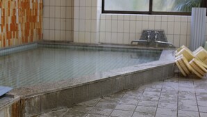 A tiled indoor pool with a glass partition, a tiled wall with a vertical pattern, and a window with a view of greenery. - Edogawa Garden (Iwaki)