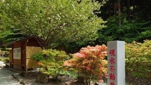 Une pierre gravée de caractères japonais, un bâtiment en bois et un jardin où poussent différentes plantes, ainsi qu’un arbre aux feuilles roses.
