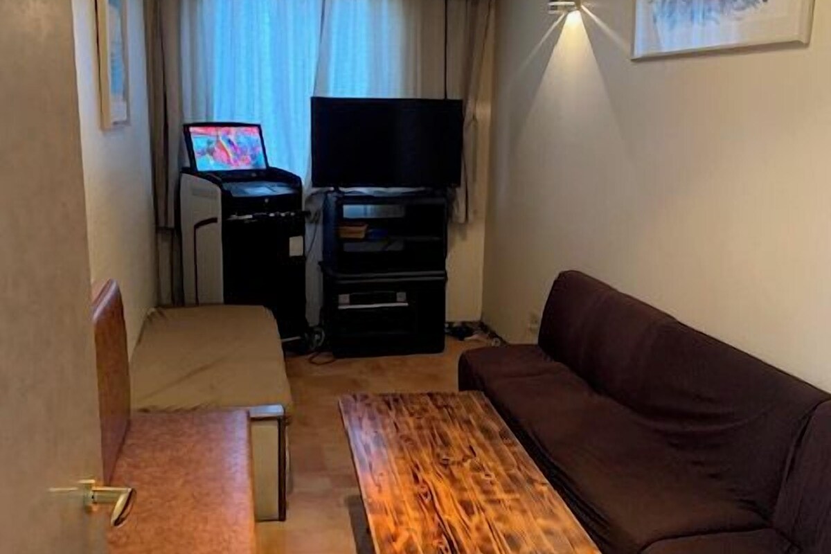 A compact living space with a sofa, a wooden coffee table, a TV, and a small desk area.