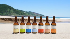 Sieben Bierflaschen an einem sandigen Strand, mit blauem Himmel und einer hügeligen Landschaft im Hintergrund.