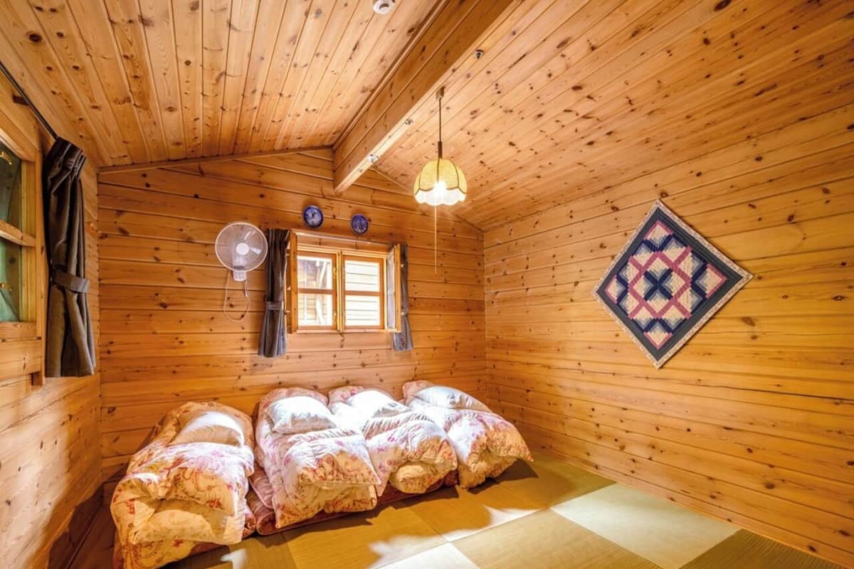 Una habitación de cabaña de madera con un sofá cama tipo futón, un ventilador, una lámpara colgante y un tapete estampado.