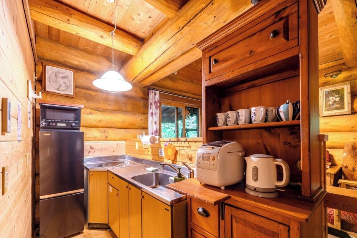 Cocina de cabaña de madera con refrigerador, lavamanos y cafetera.
