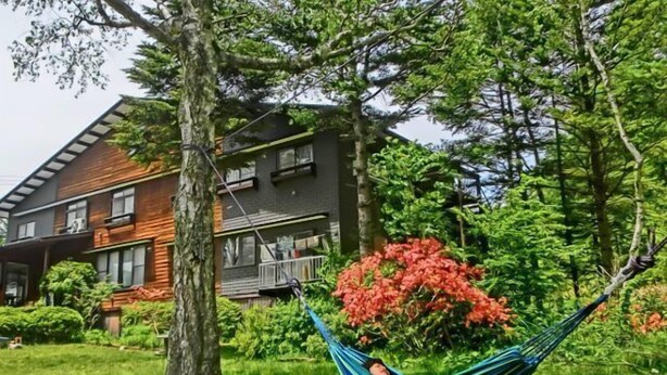 A hammock in a grassy area with a house in the background. - Kids Pension Maple (Hokuto)