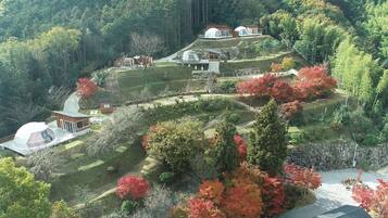 A hillside property with multiple buildings, including a large dome-shaped structure and several smaller houses.