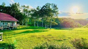 Una baita rustica con tetto rosso e veranda in legno, immersa in un rigoglioso campo verde e alberi.