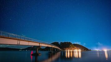 A starry night sky over a calm body of water with a bridge and distant lights.