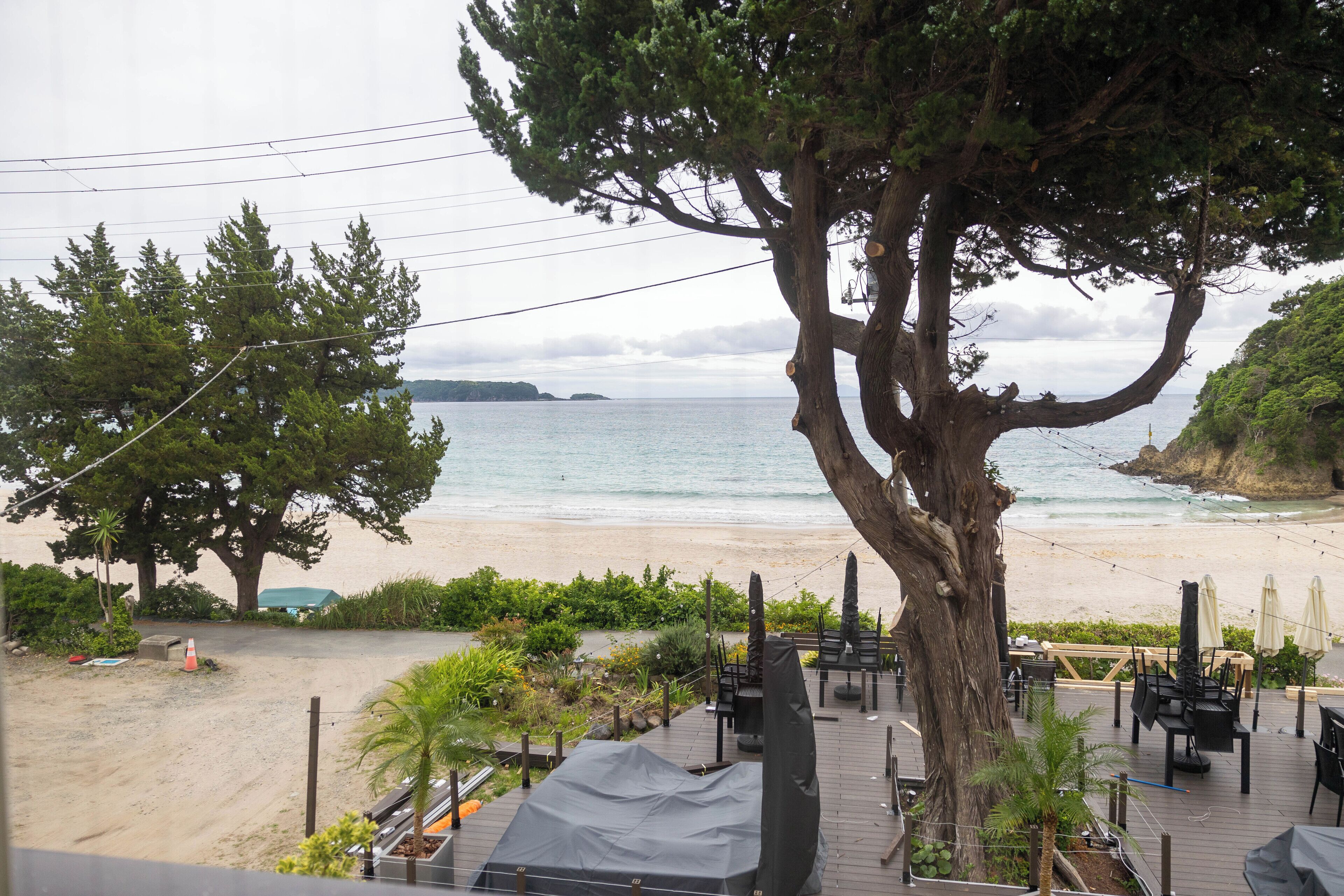 Un patio frente a la playa con mobiliario exterior, un árbol grande y vistas al océano.