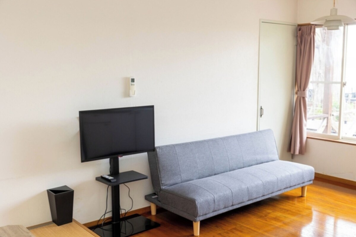 A room with a grey sofa, a flat-screen TV, a small black speaker, and a window with curtains.