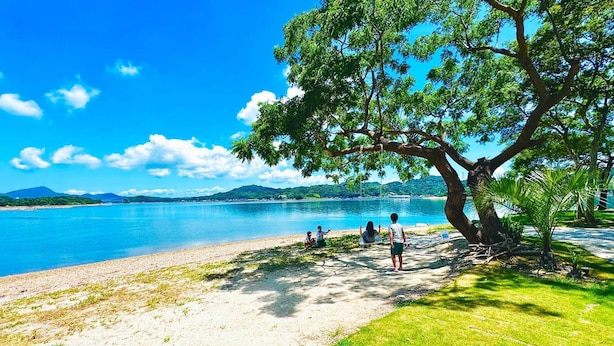 A beach with a large tree, clear blue water, and distant mountains. - Hummer Village (Kamiamakusa)