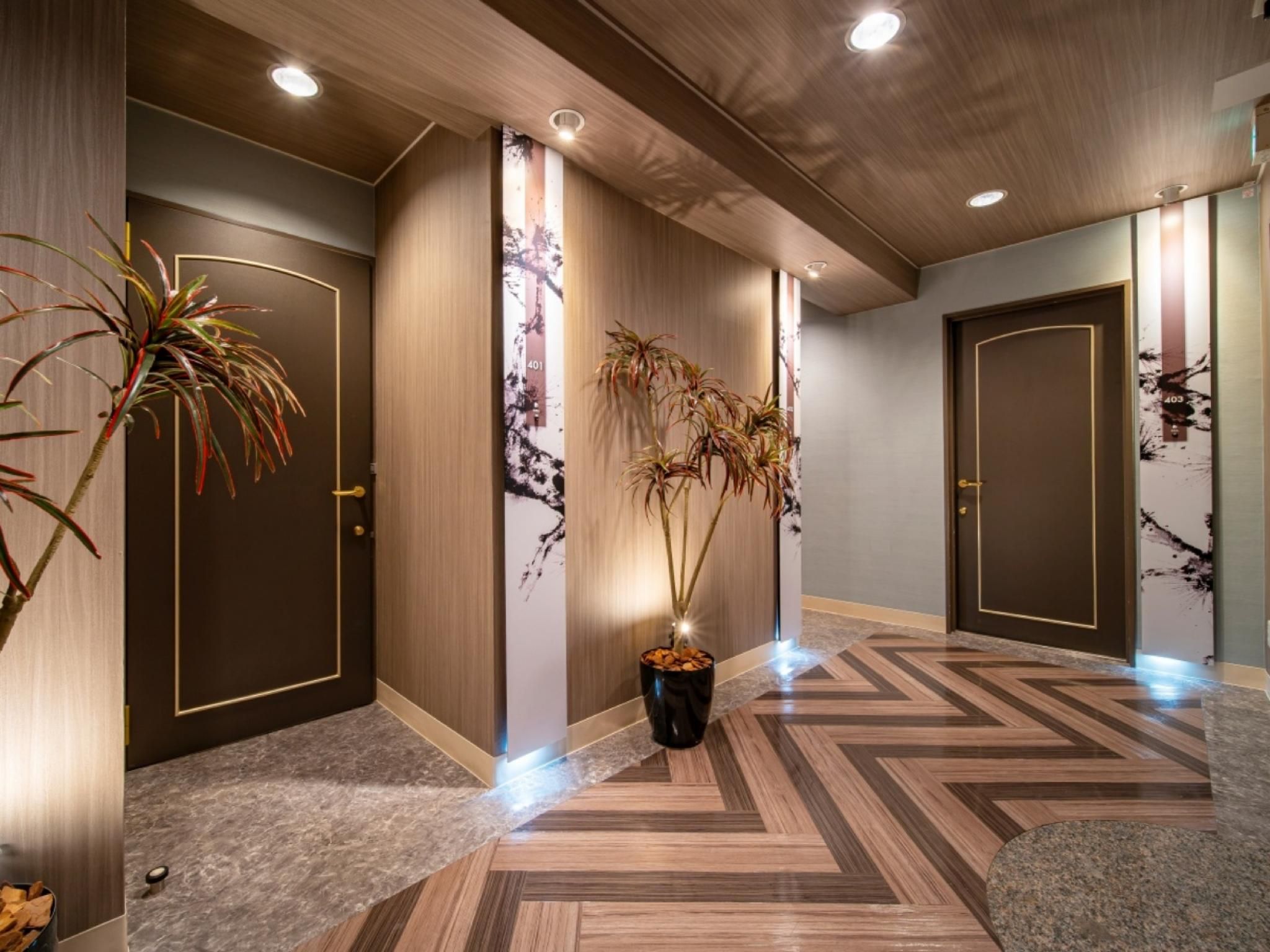 A hallway with wooden doors, a potted plant, and a patterned floor.