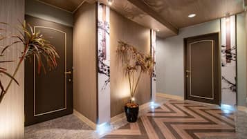 A hallway with wooden doors, a potted plant, and a patterned floor.