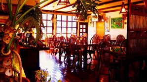 Un restaurante con mesas y sillas de madera, plantas colgantes y un ambiente cálido y acogedor.