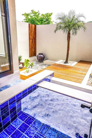Un área de piscina moderna al aire libre con una terraza de madera, una palmera y un pequeño jardín con plantas.