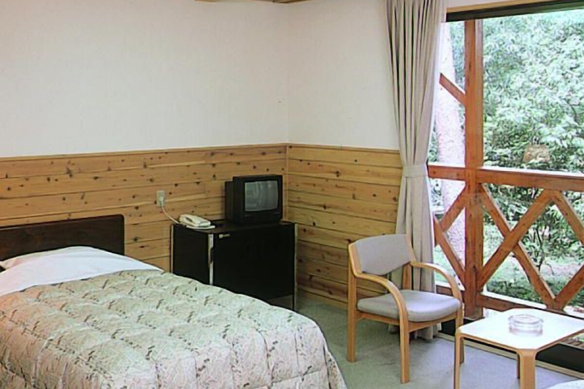 A room with two beds, a television, a chair, and a small table.