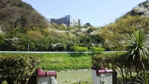 Une vue sur une rivière traversée par un pont, entourée de verdure, avec un bâtiment en arrière-plan.