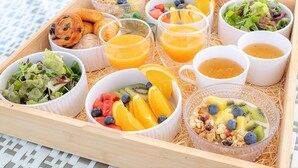 A breakfast tray with various food items and drinks. - Coral Resort Villa Atsuhama (Sumoto)