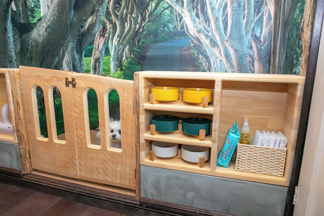 Habitación que admite mascotas con un mueble de madera que contiene platos y una cesta para animales.