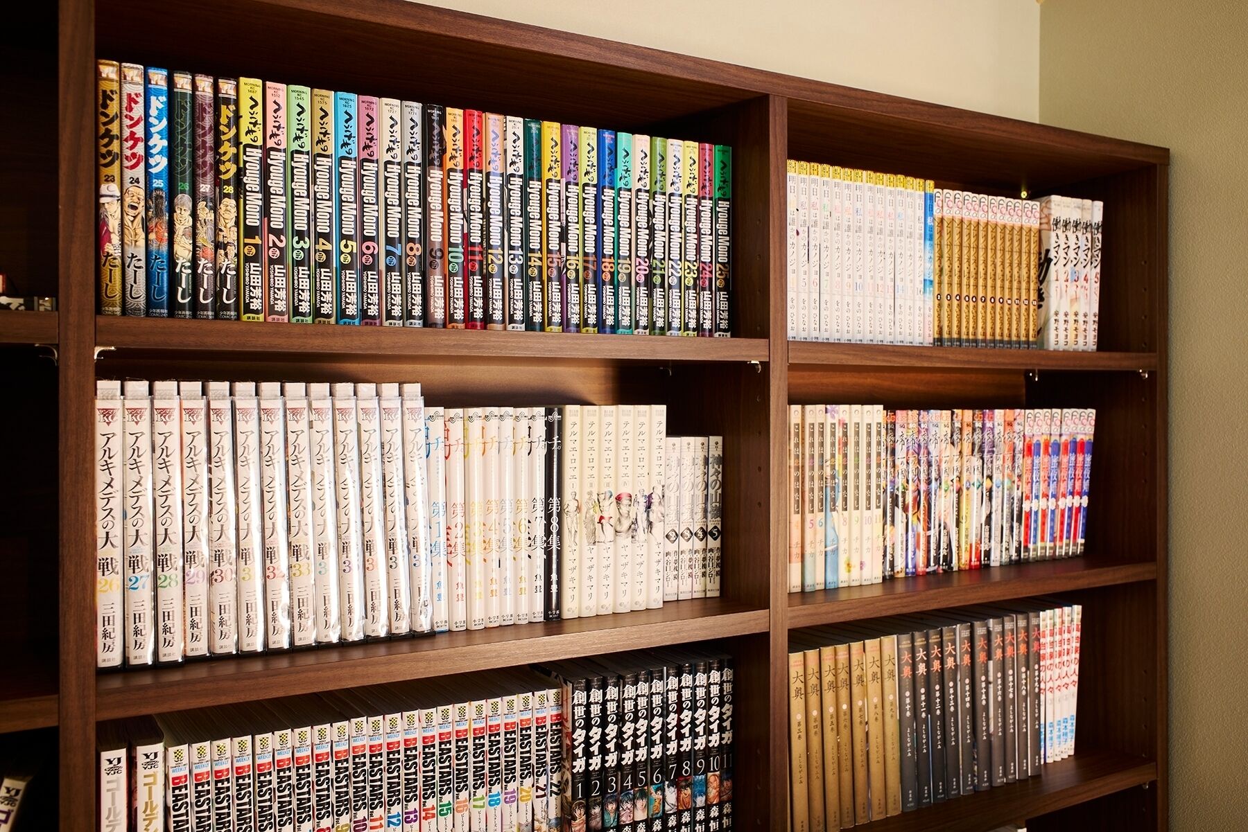 Ein Bücherregal mit verschiedenen Büchern, einige mit japanischem Text.