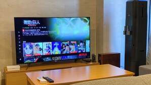 Een woonkamer met een flatscreen televisie waarop een streamingdienst draait, een houten salontafel, een bank en een zwarte speaker.