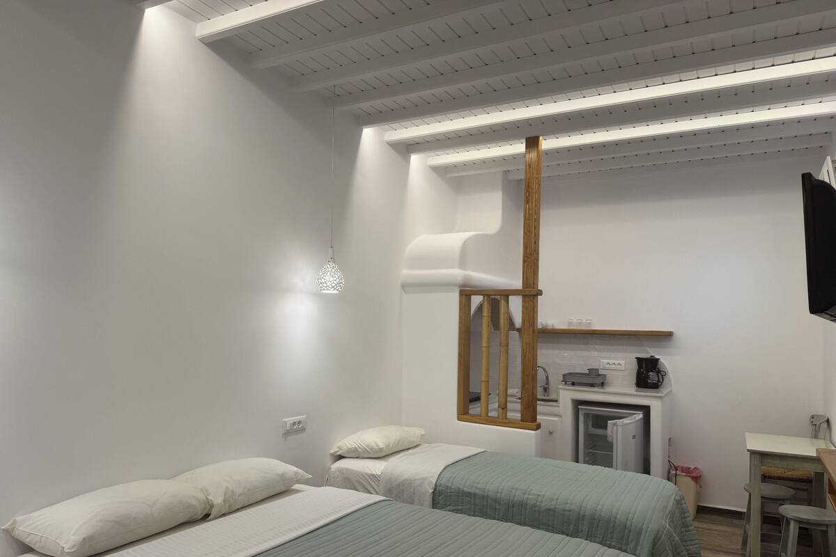 A bedroom with two beds, a wooden ladder, a small kitchenette, and a TV mounted on the wall.
