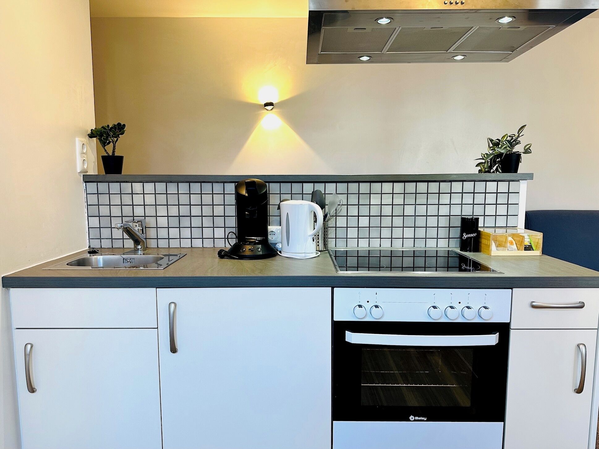 Una cocina moderna con lavavajillas, horno, cafetera y salpicadero.