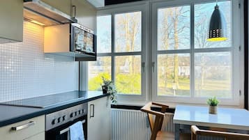 Comfort-huoneisto, useita sänkyjä, parveke, näköala puistoon | Yksityinen keittiö | Jääkaappi, uuni, liesi, kahvin-/teenkeitin