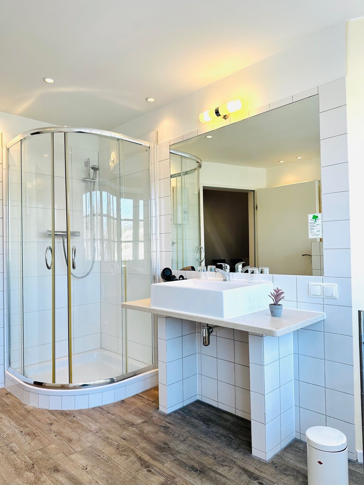 Une salle de bain moderne avec une douche à parois de verre, un grand miroir et un lavabo blanc.