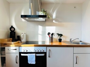 Comfort Condo, 1 King Bed with Sofa bed, Balcony, Park View | Private kitchen | Fridge, oven, stovetop, highchair - green-man Parkapartments  (Wolfsburg)