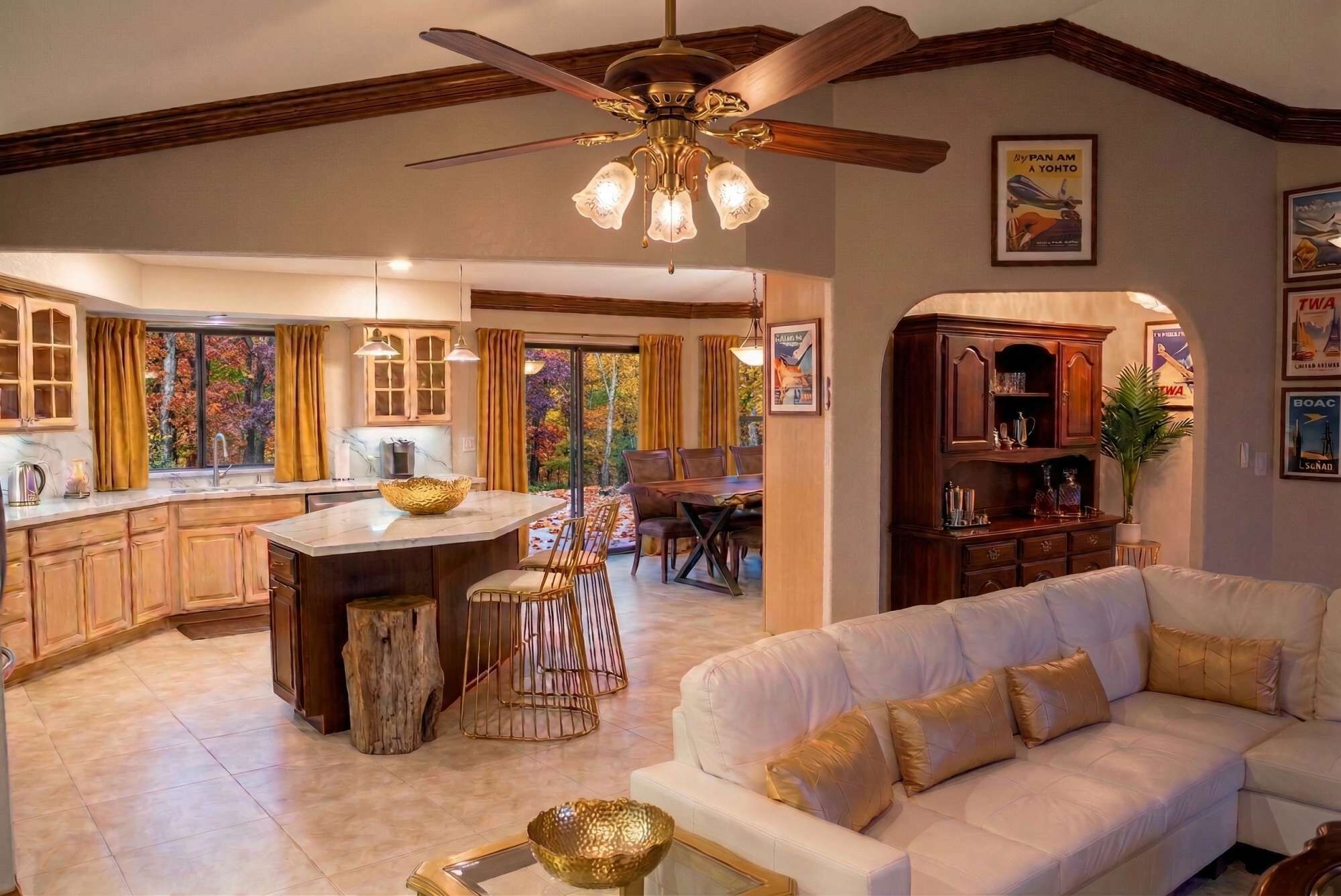 TV, fireplace, video games, foosball