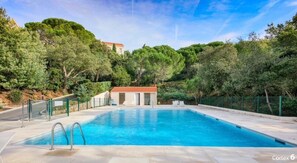 A rectangular swimming pool with a small building in the background, surrounded by trees and a fence.