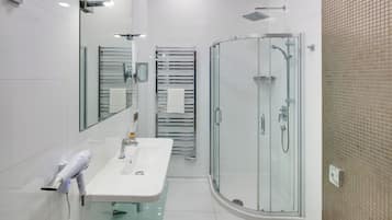 Shower, hair dryer, towels, toilet paper