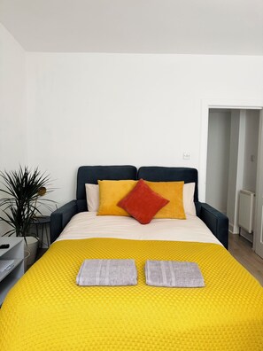 1 bedroom, desk, iron/ironing board, travel cot