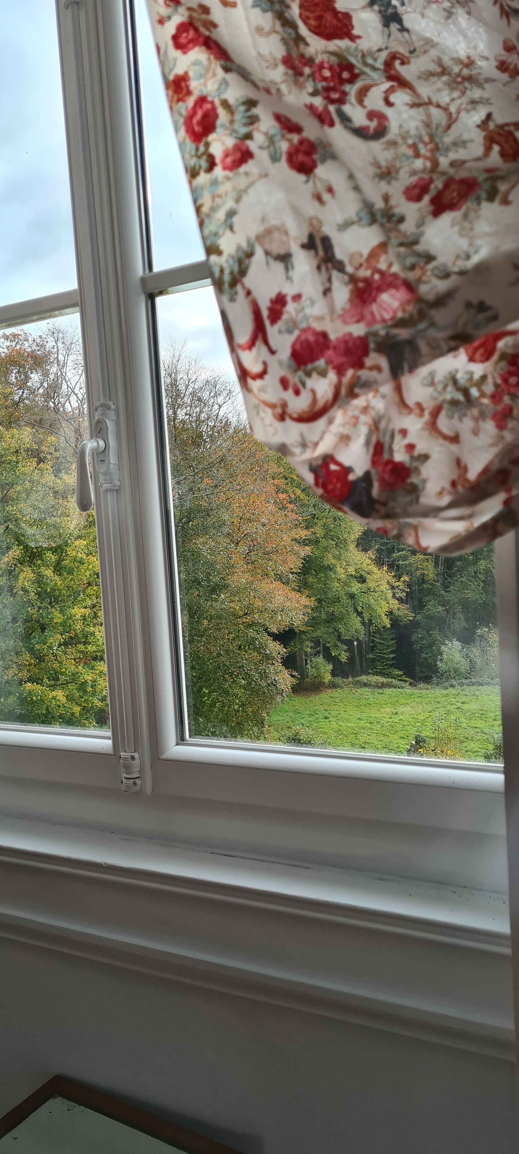 Ett fönster med en vit karm och en blommig gardin som delvis är dragen åt sidan.