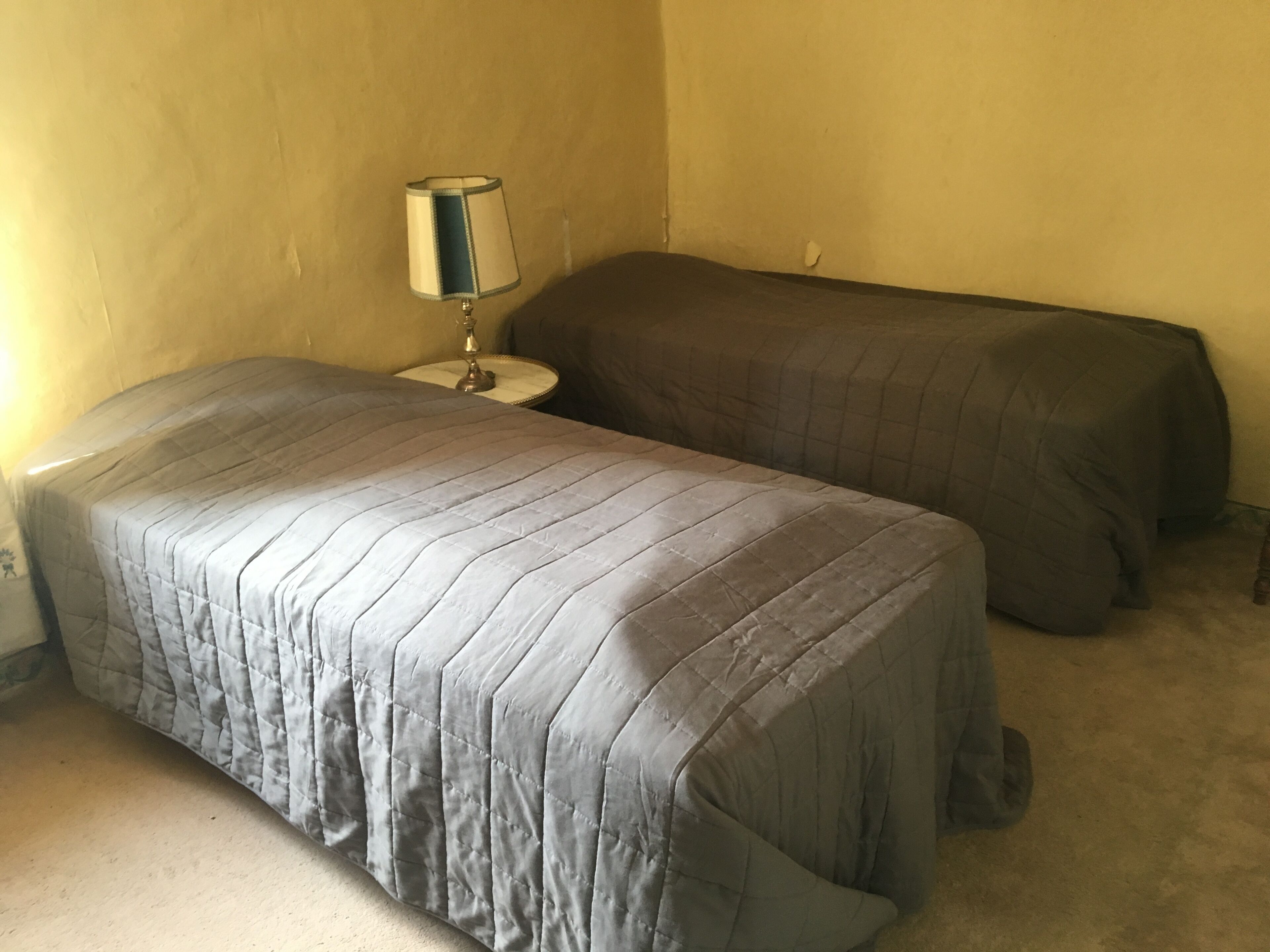 A room with two beds, a nightstand with a lamp, and a plain wall.