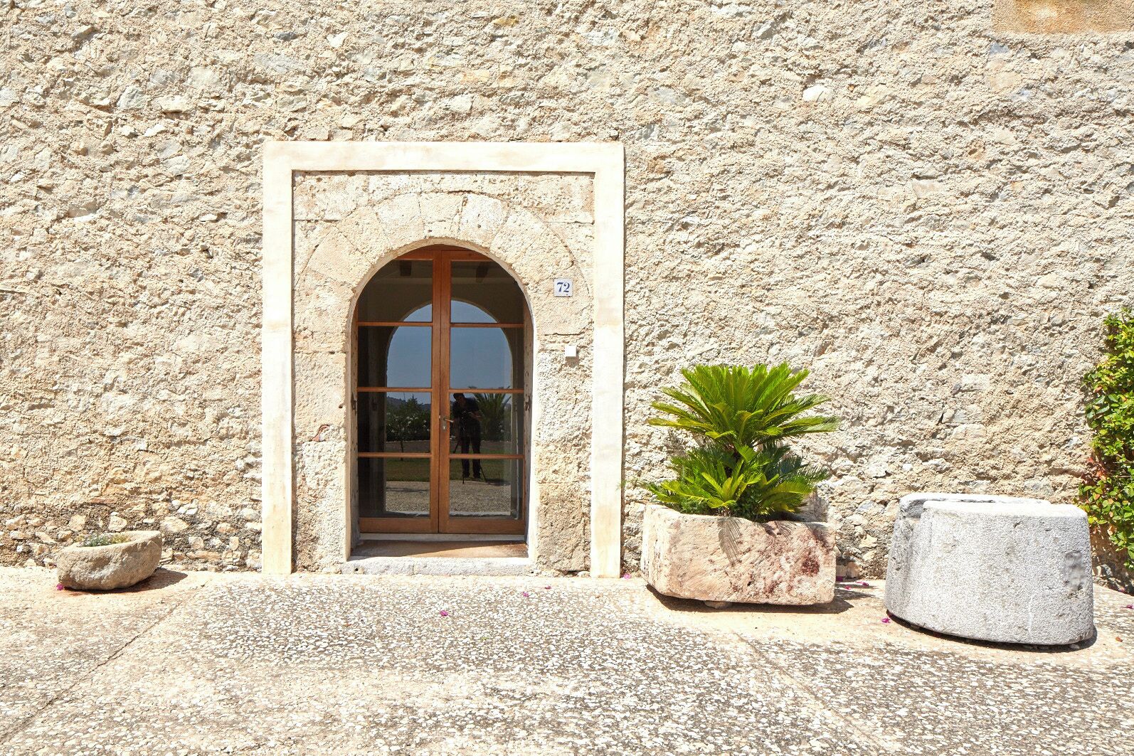Una entrada arqueada con una puerta de madera, una planta en maceta y un bloque de piedra a la derecha.