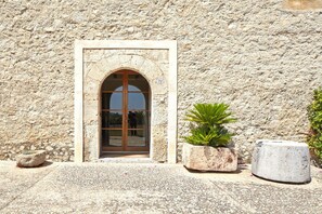 Uma entrada em arco com porta de madeira, um vaso com planta e um bloco de pedra à direita.