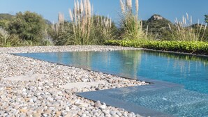 Una piscina con borde de piedras, rodeada de pastos altos y un cielo azul despejado.