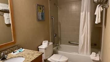 Hair dryer, towels, soap, toilet paper