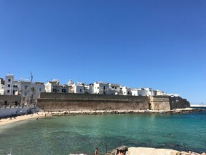 A coastal town with white buildings, clear turquoise waters, and a sandy beach. - Seafront Apartments by Carlo V Castle, Monopoli Old Town - HelloAPULIA Al Castello di Amec (Monopoli)