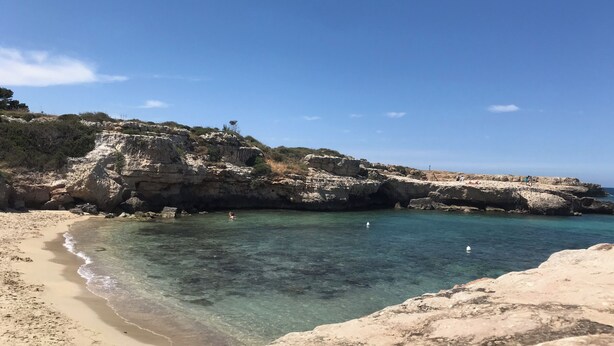A coastal beach with clear waters, rocky cliffs, and a sandy shore. - Seafront Apartments by Carlo V Castle, Monopoli Old Town - HelloAPULIA Al Castello di Amec (Monopoli)