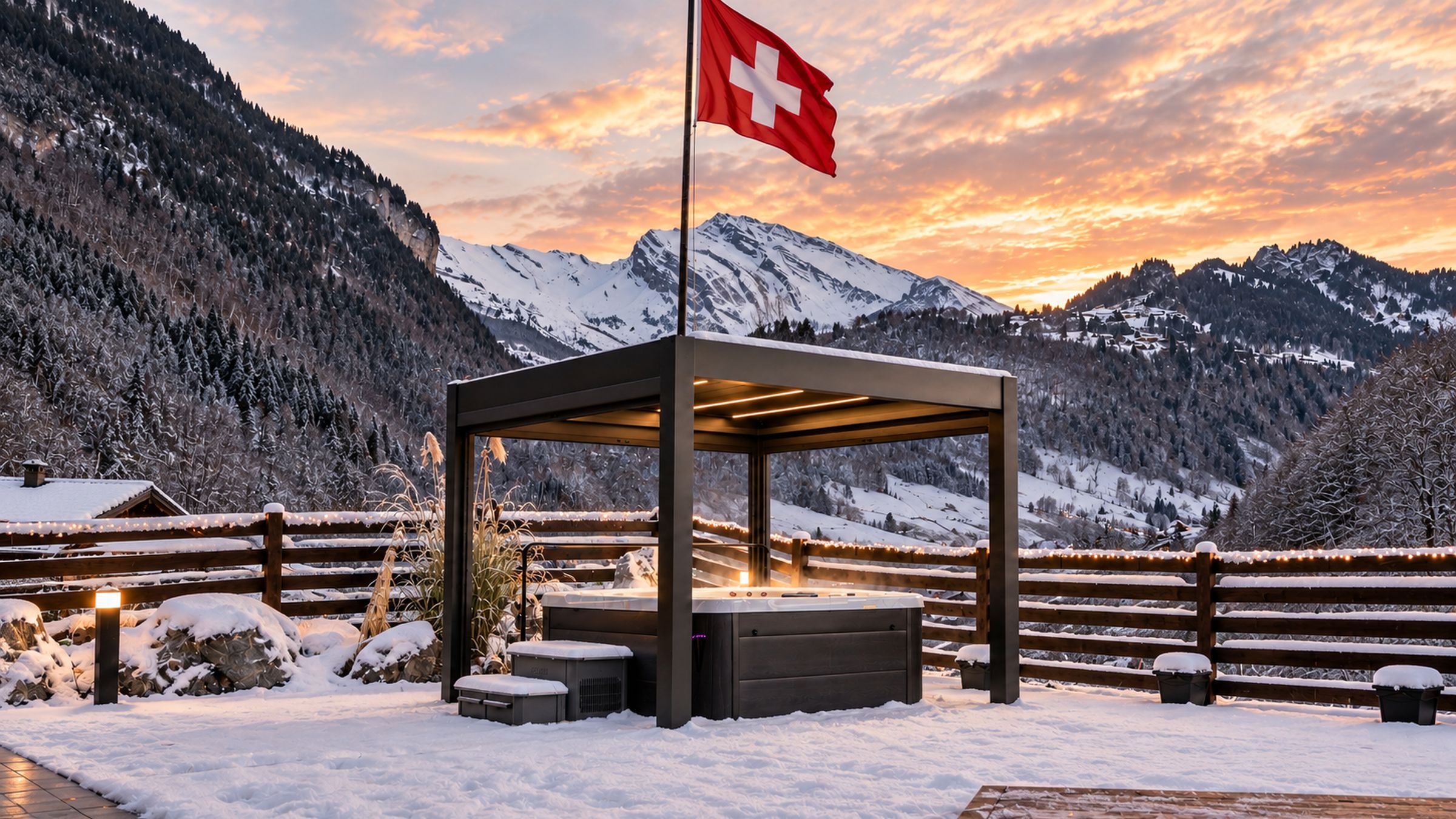 Ein hölzerner Pavillon mit Schweizer Flagge, umgeben von schneebedeckten Bergen und einem Holzzaun.