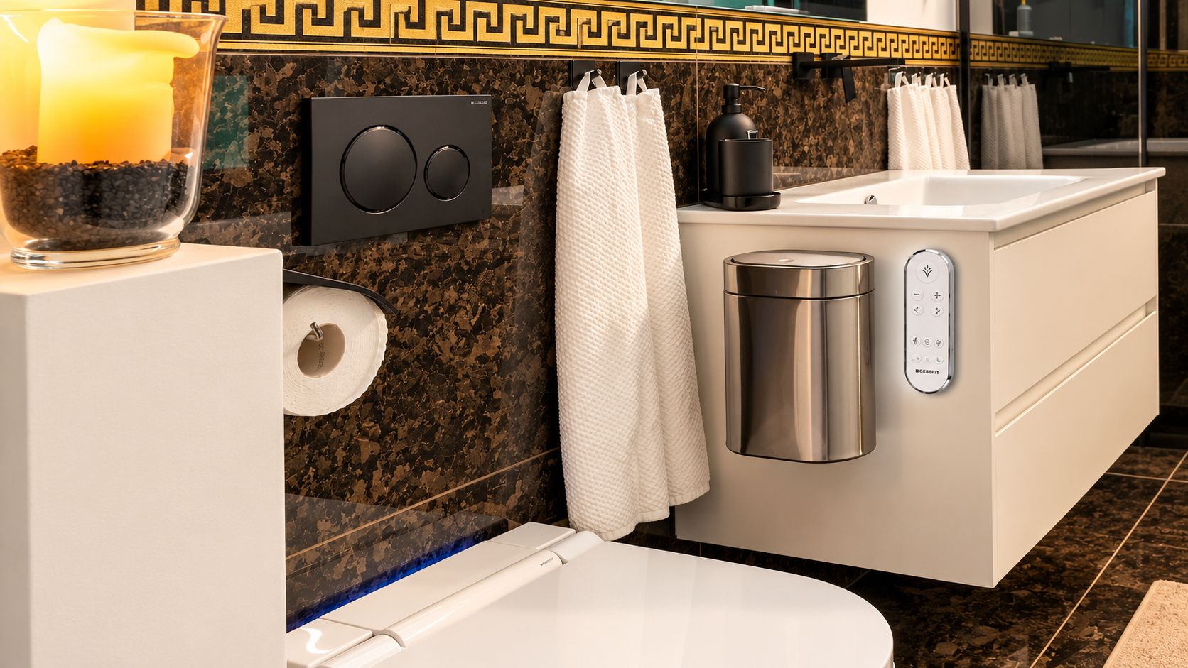 A modern bathroom with a toilet, a bidet, a trash bin, and a soap dispenser.