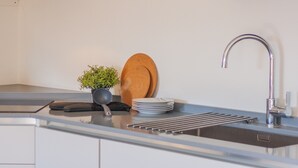 A modern kitchen with a stainless steel sink, a potted plant, a stack of plates, and a cutting board. - Above the Lake by Varenna Holidays (Varenna)
